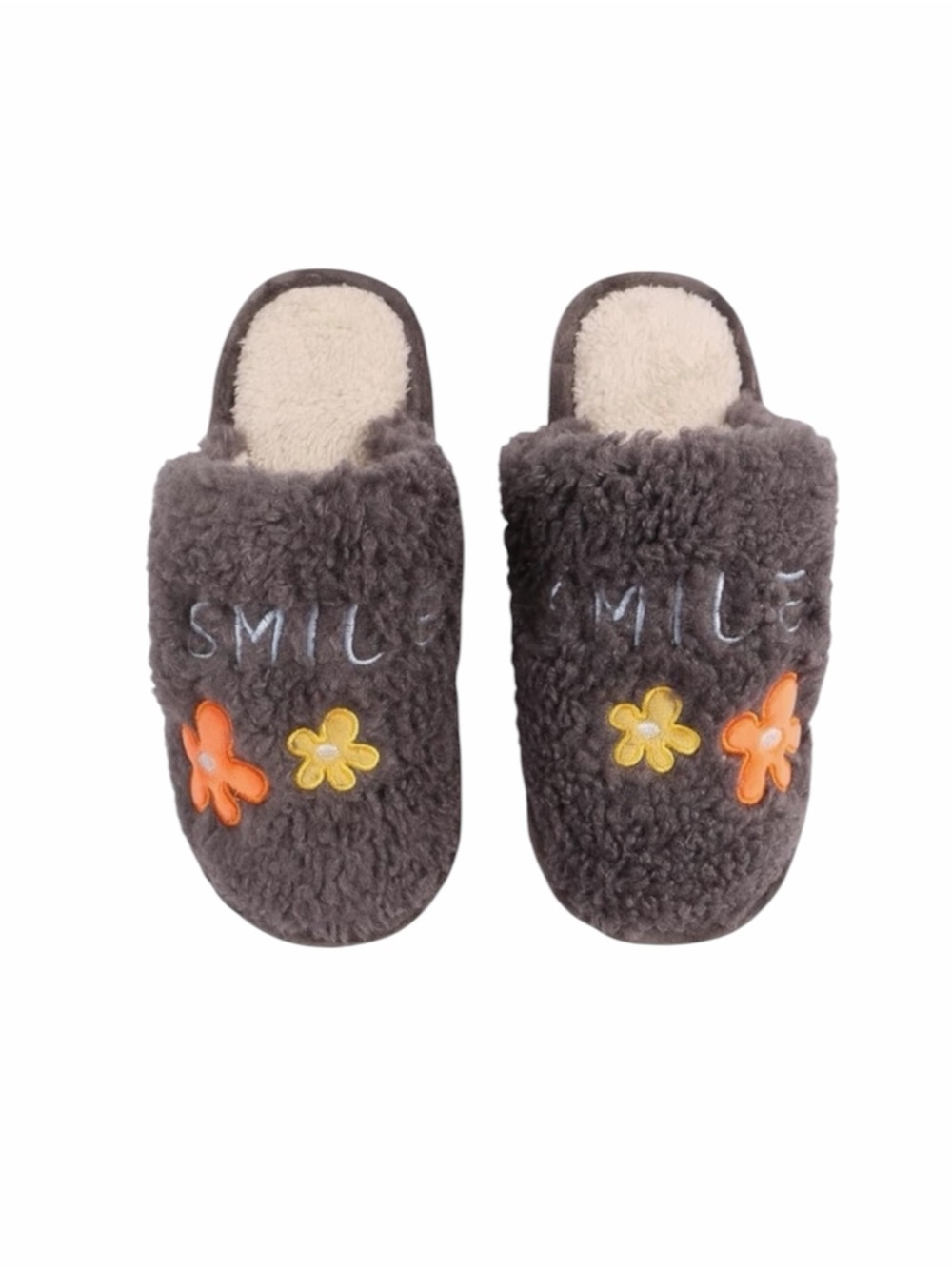Slip On Faux Sherpa “Smile” Slip On Floral Slippers Size Medium  NWT